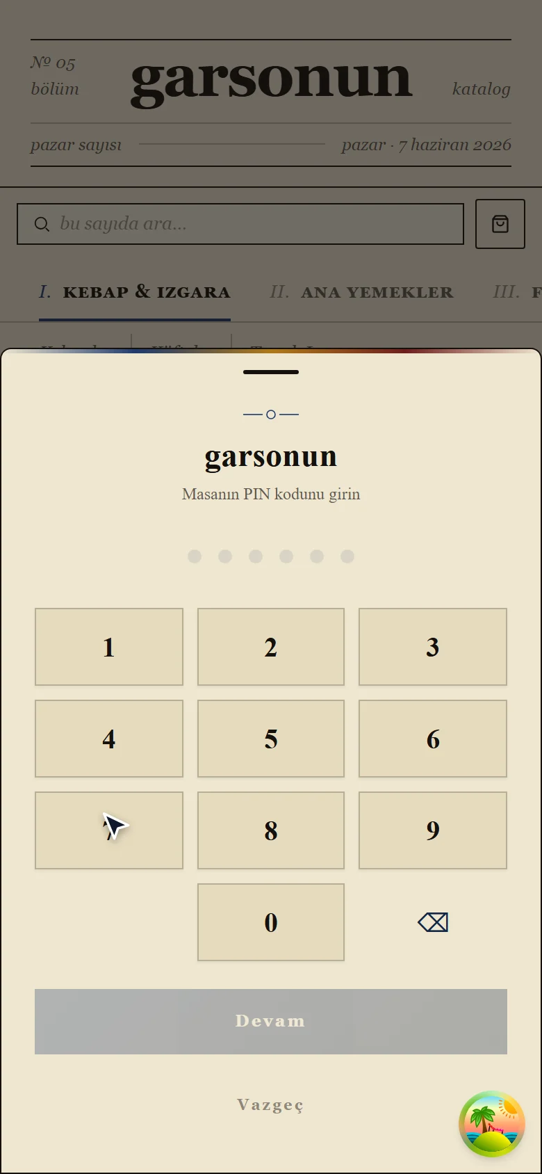 Masaya katılım için PIN ekranı