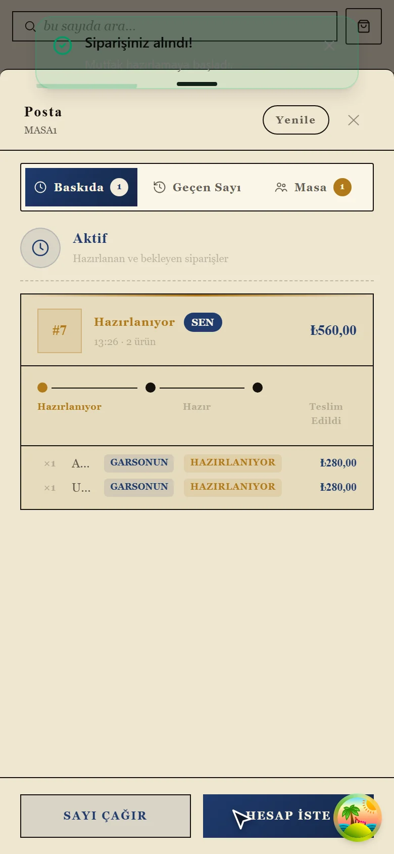 Aktif sipariş takibi