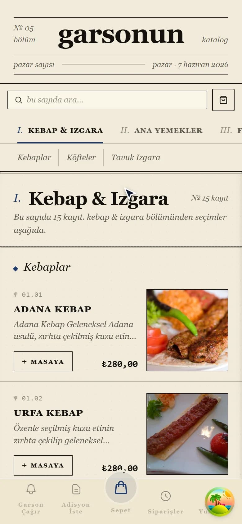 Müşterinin telefonunda açılan menü